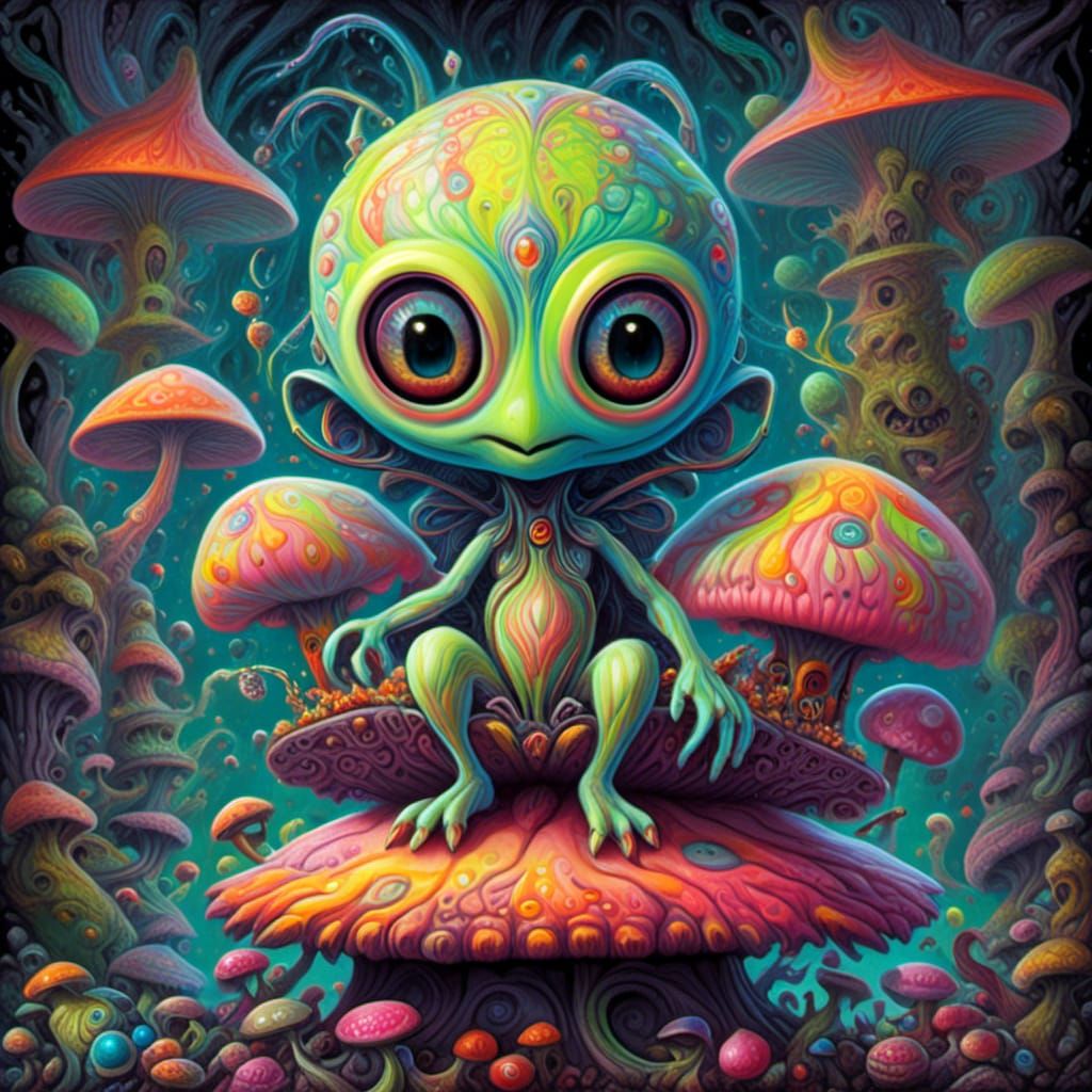 Cute Alien Sitting on Mushroom with Abstract Elements