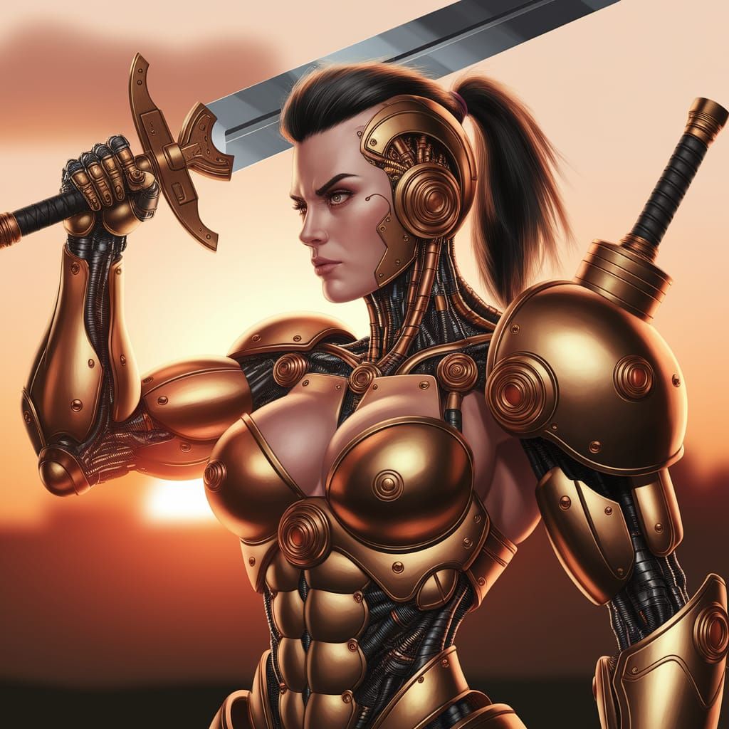 Steampunk Cybernetic Warrior in Sunset
