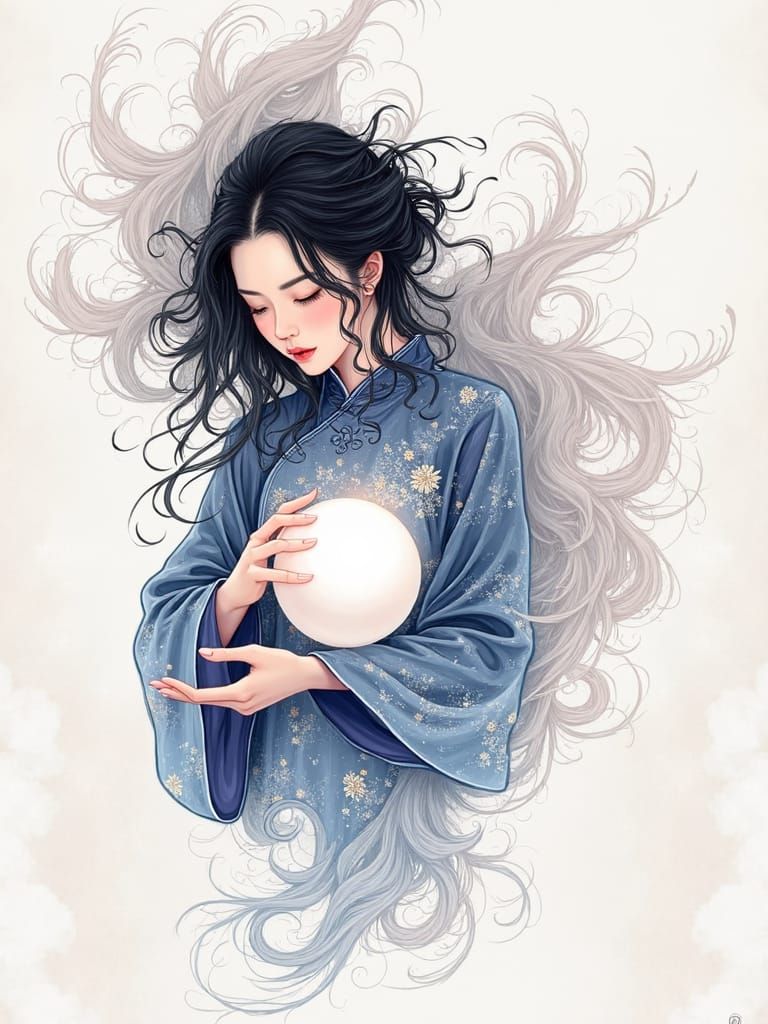 Ethereal Woman with Pearl in Dreamlike Ink Painting