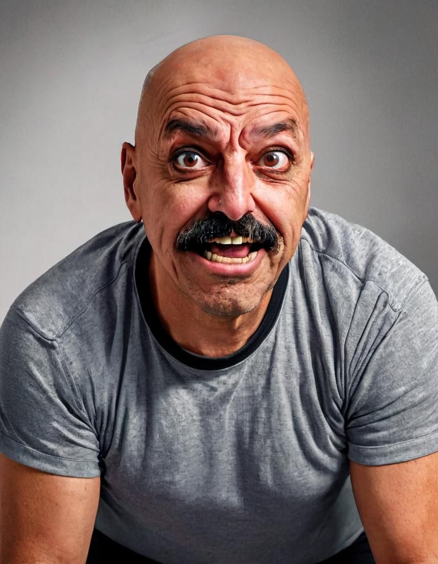 Overweight Bald Man Posing as Gym Trainer