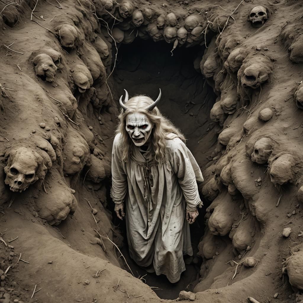 Hyperrealistic Demonic Woman in Burial Mounds