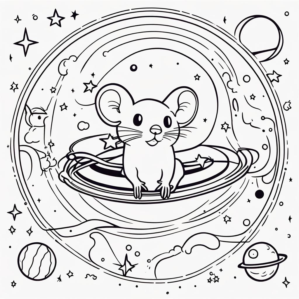 Mouse in Space: Line Art with UFO and Planets