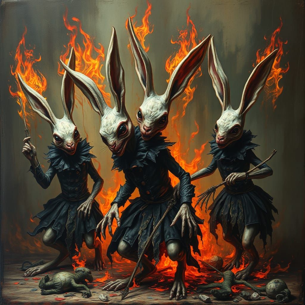Fiery Rabbit Figures in Encaustic Art Style