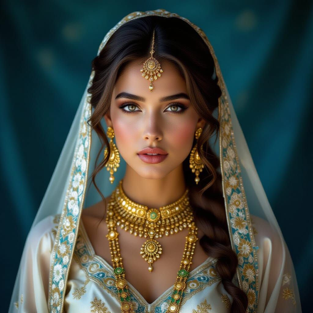 Enigmatic Woman in Gold Jewelry, Cinematic Digital Painting