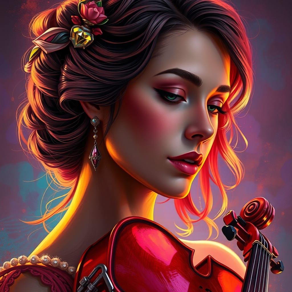 Surreal Woman Plays Violin Under Vibrant, Triadic Lighting