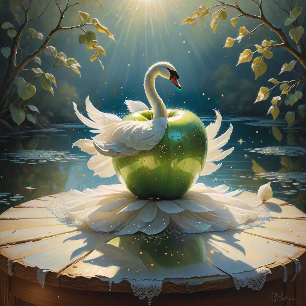Glass Apple with Swans and Ballerina, Impasto Art