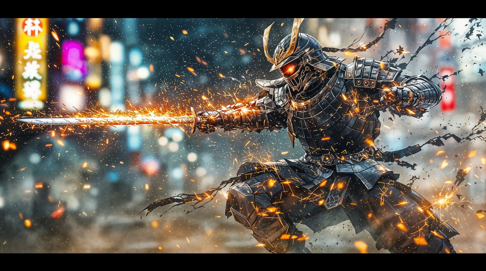 Warrior in Vibrant Cityscape, Brushwork Style