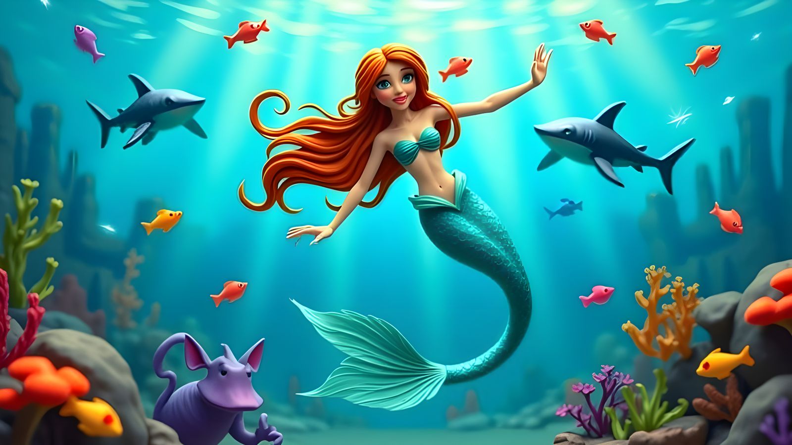 Claymation Mermaid Swimming Freely Under the Sea