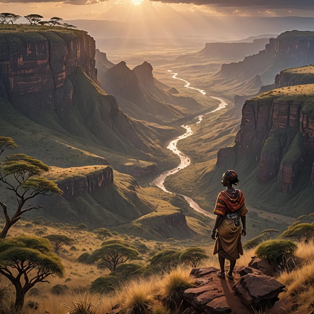 Savanna Sunrise: African Woman Overlooking the Plains