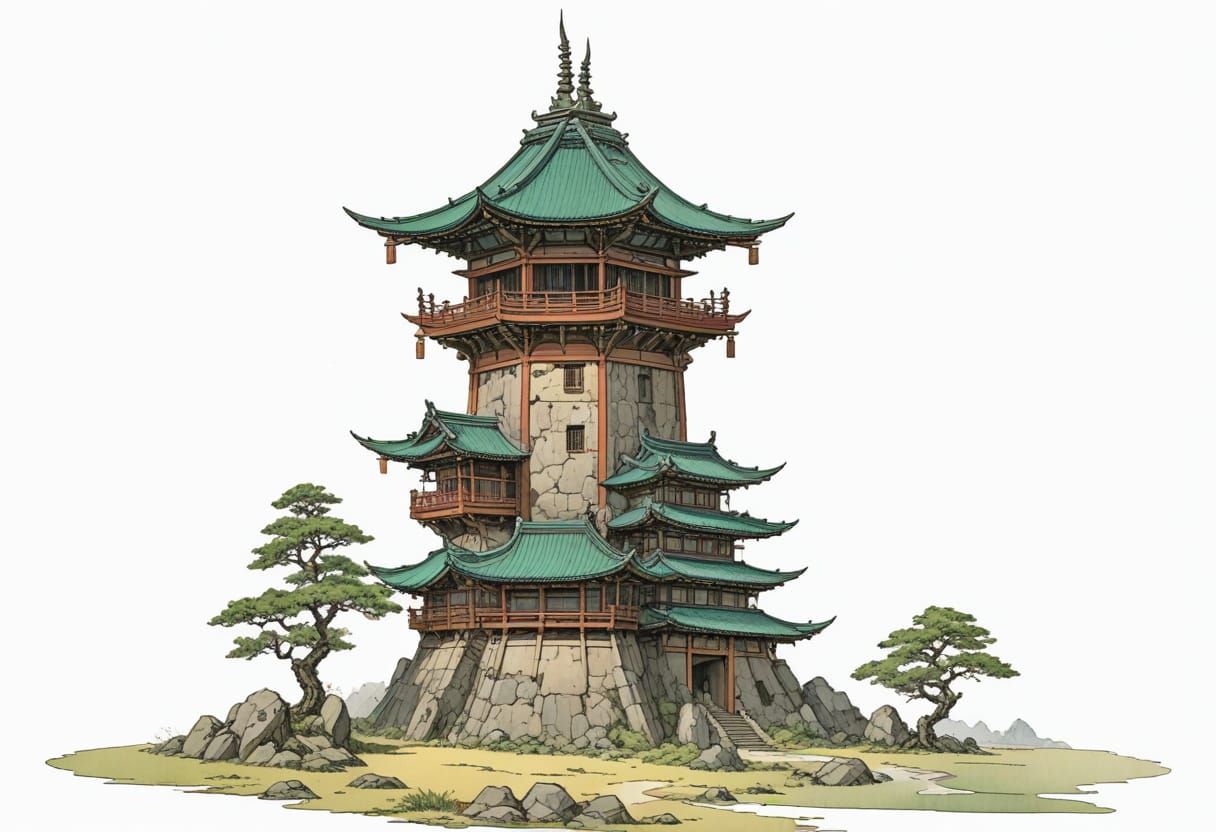 Ancient Japanese Tower in Heroic Fantasy Style