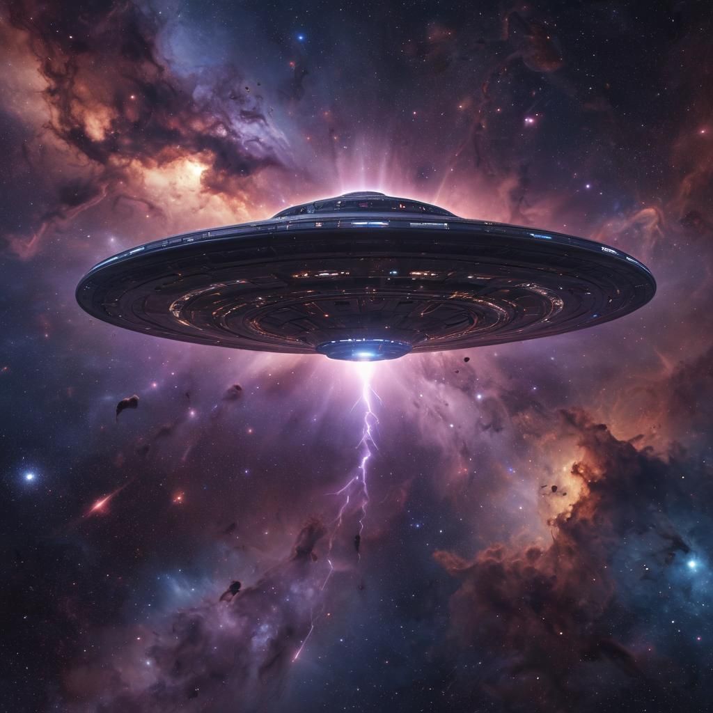 UFO in Space Nebula, Photorealistic Digital Art