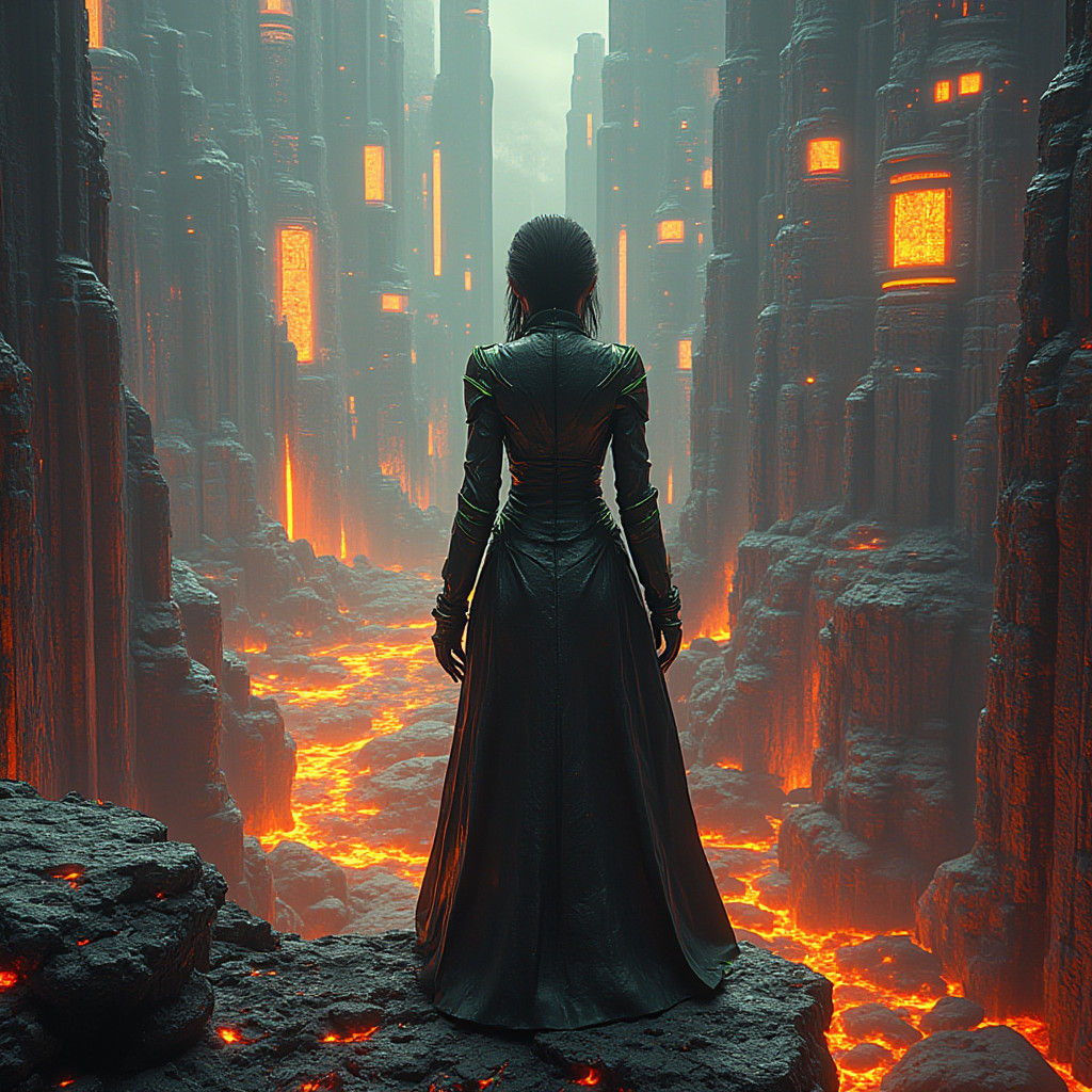 Cyberpunk Woman Gazing at Lava Cityscape