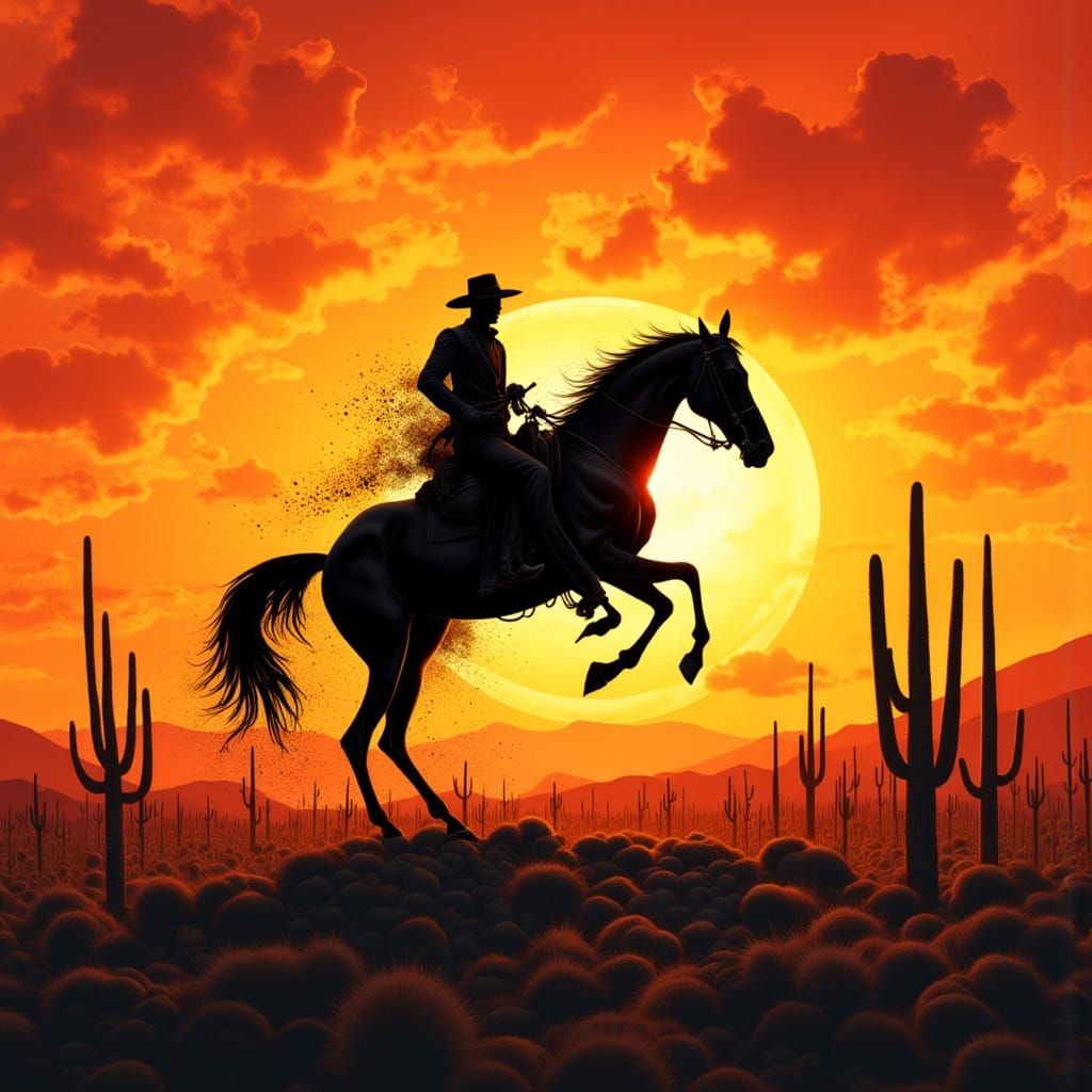 Disintegrating Cowboy and Horse Silhouette in Wild West Suns...