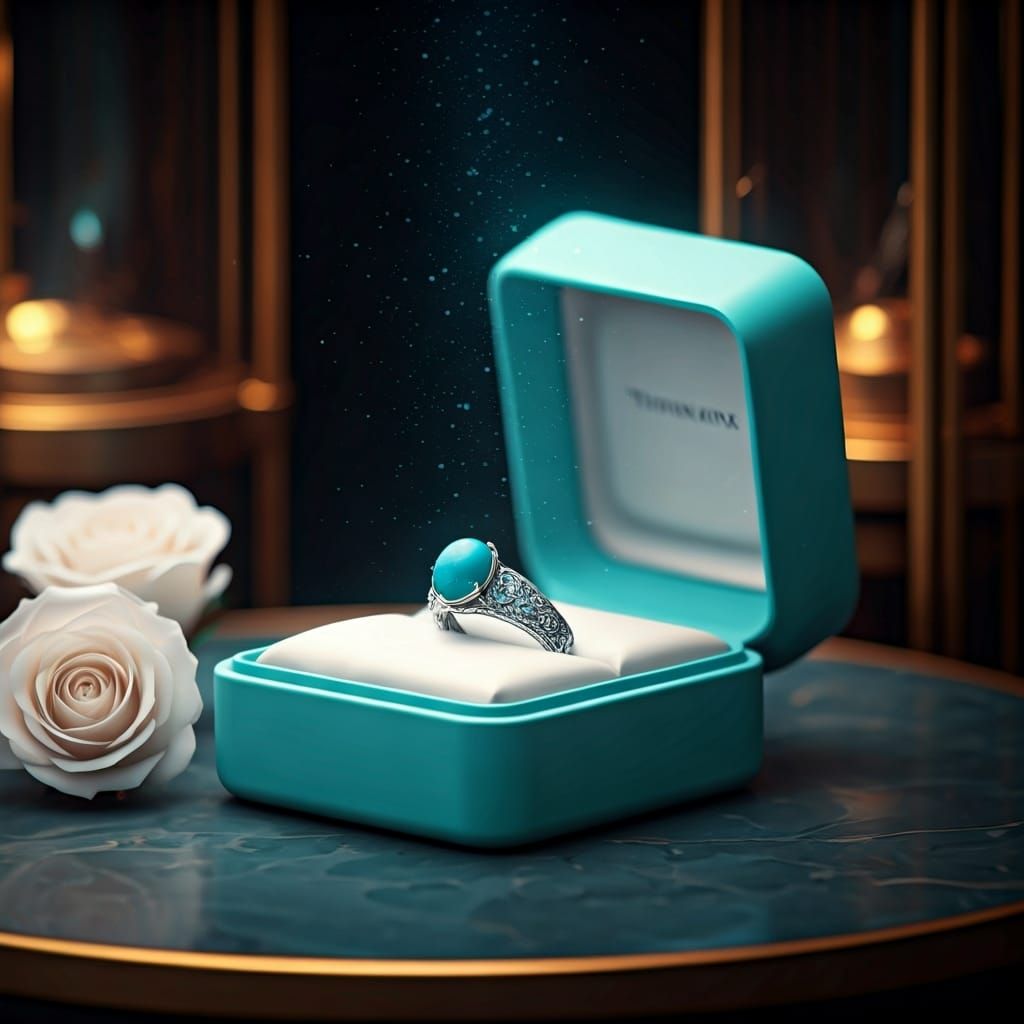 Turquoise Ring in Tiffany Box, Photorealistic Digital Art
