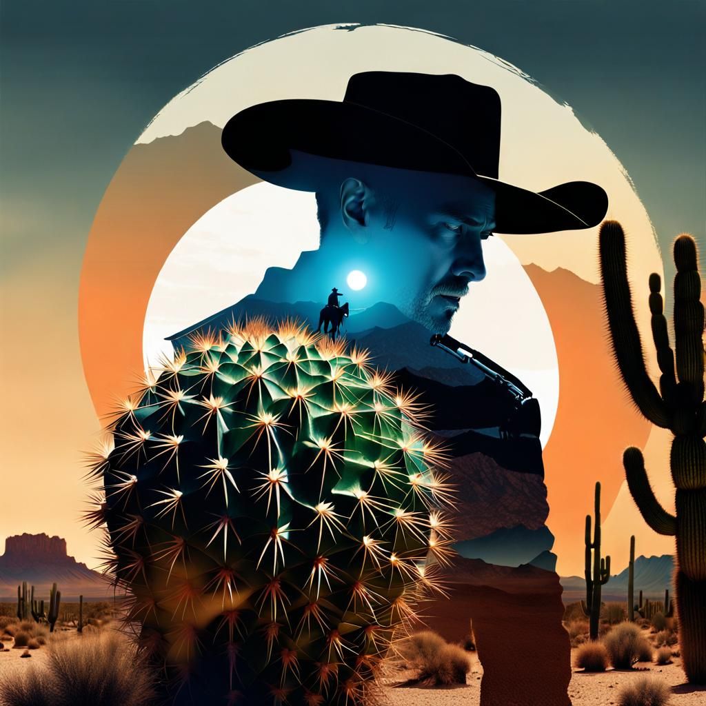 Cowboy Hiding in Desert Sunset Double Exposure Photograph