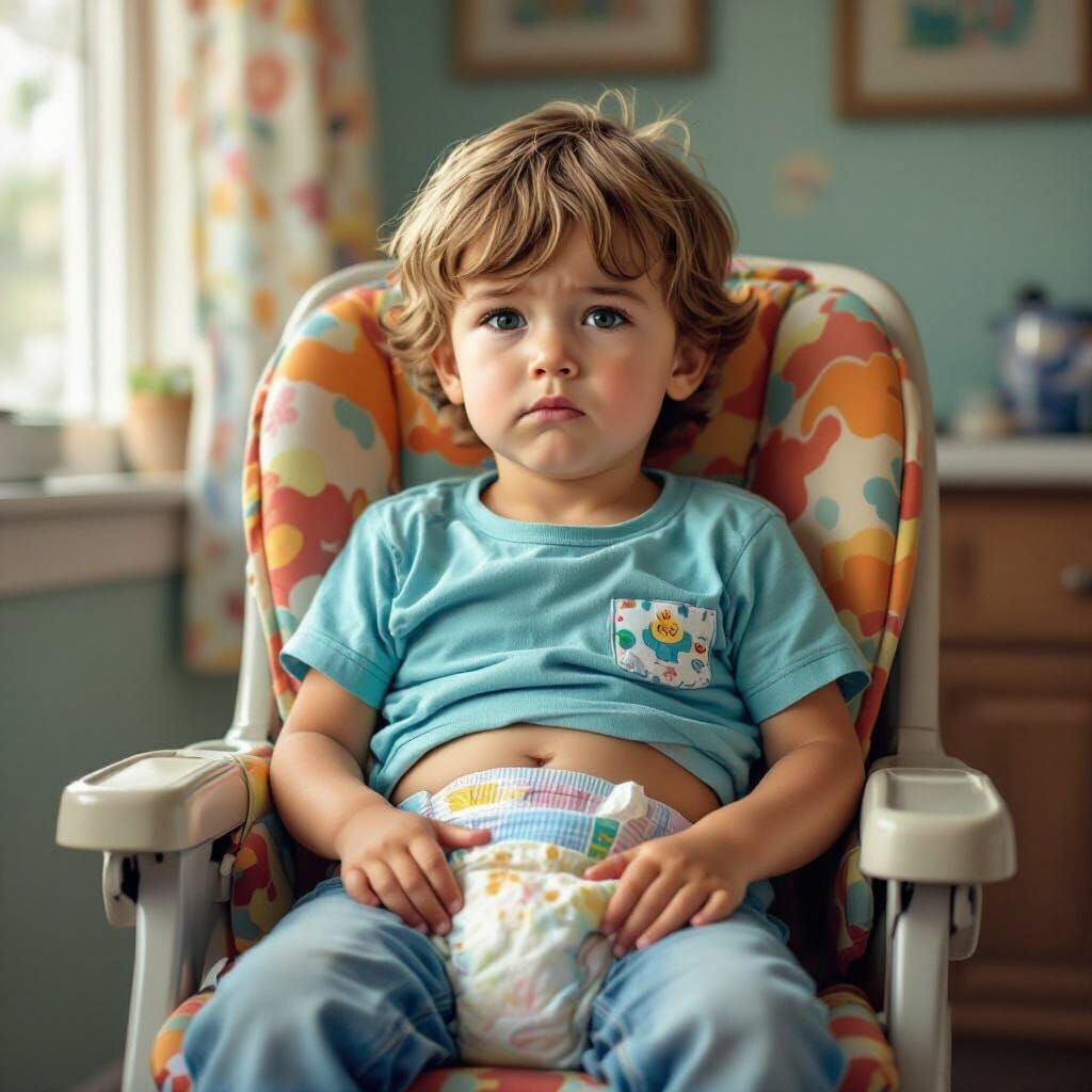 Embarrassed Child in High Chair with Soiled Diaper