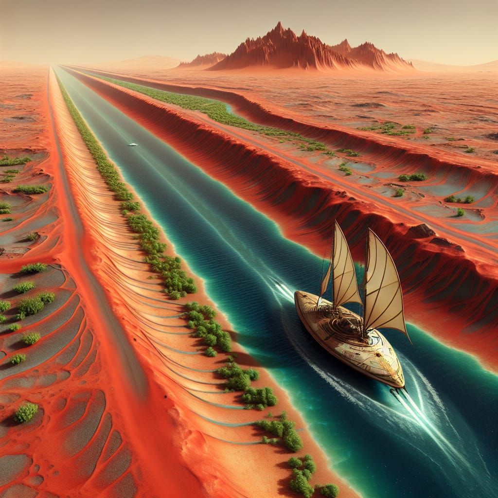 Martian Desert Canal with Alien Sailboat