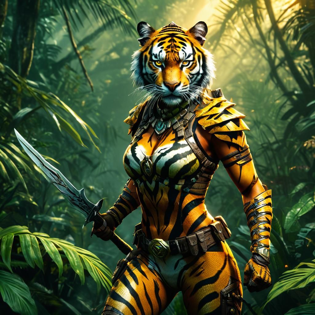 Savage Huntress: Tiger Commander in Jungle, 3D Render