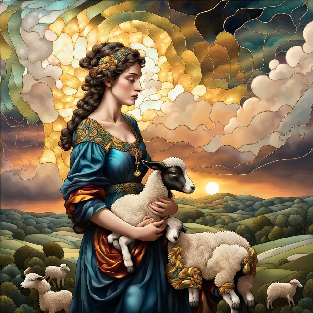 Tiffany Stained Glass Shepherdess with Lamb at Sunset