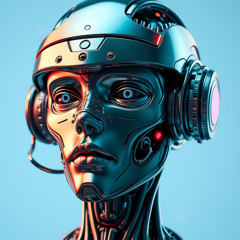 Robotic Portrait in Cyberpunk Aesthetic with Iridescent Meta...