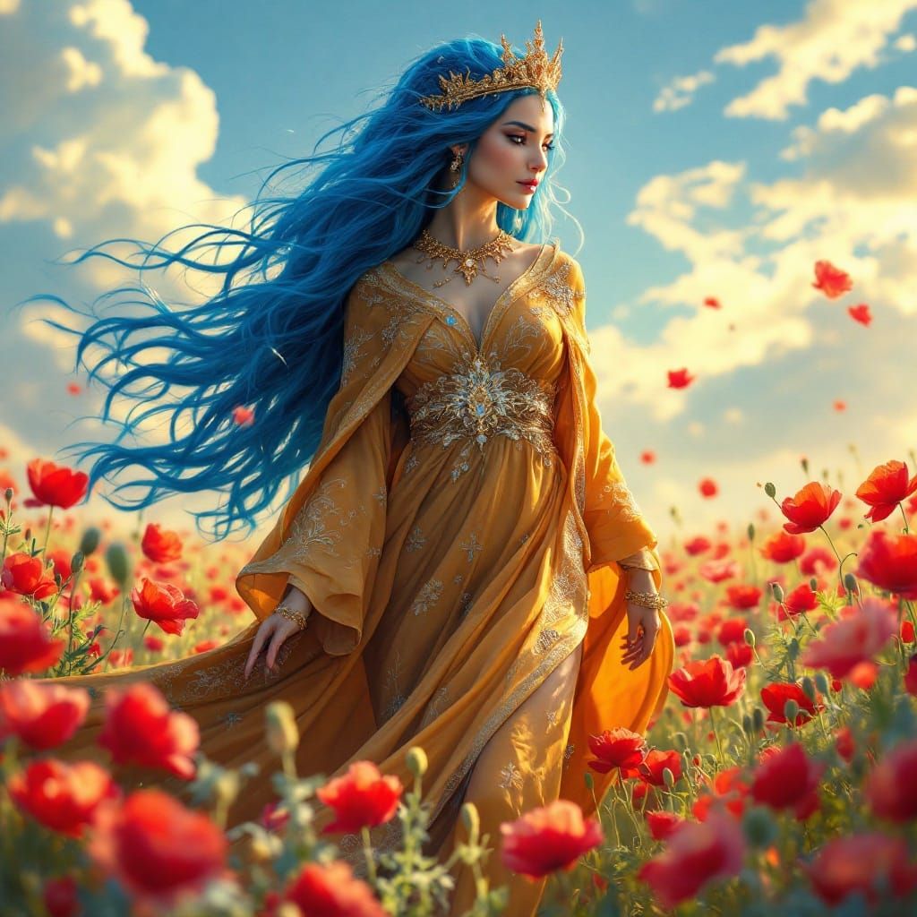 Regal Lioness Queen in a Vibrant Field of Poppies