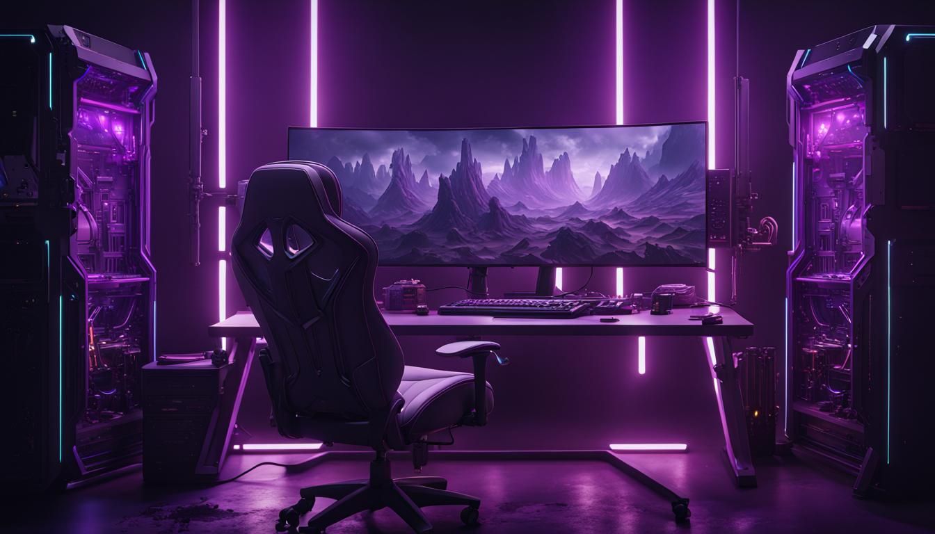 Gaming PC Setup with Purple Light, Detailed Matte Painting