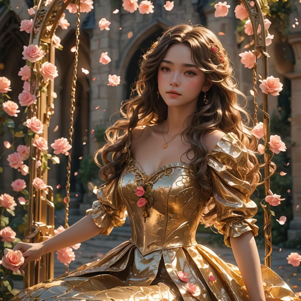 Brunette in Golden Gown on Rose Swing: 3D Anime Art