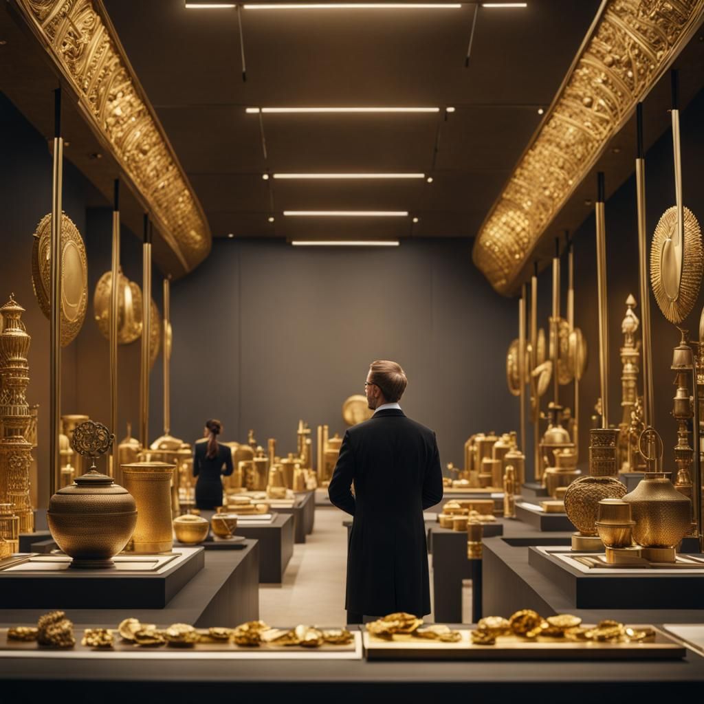 Museum Curator Surrounded by Gold Artifacts