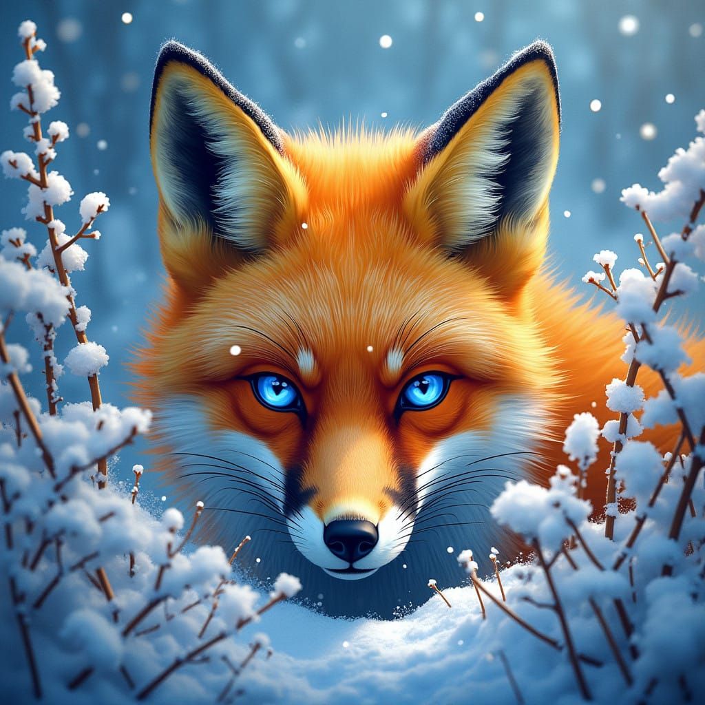 Golden Fox Peers Out from Snowy Bushes with Glowing Blue Eye...