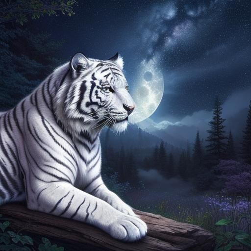 Fantasy White Tiger Under Starry Moonlit Sky
