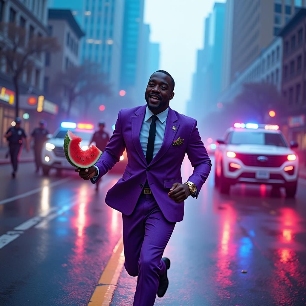 Man in Purple Suit Evades Police in Dreamlike City