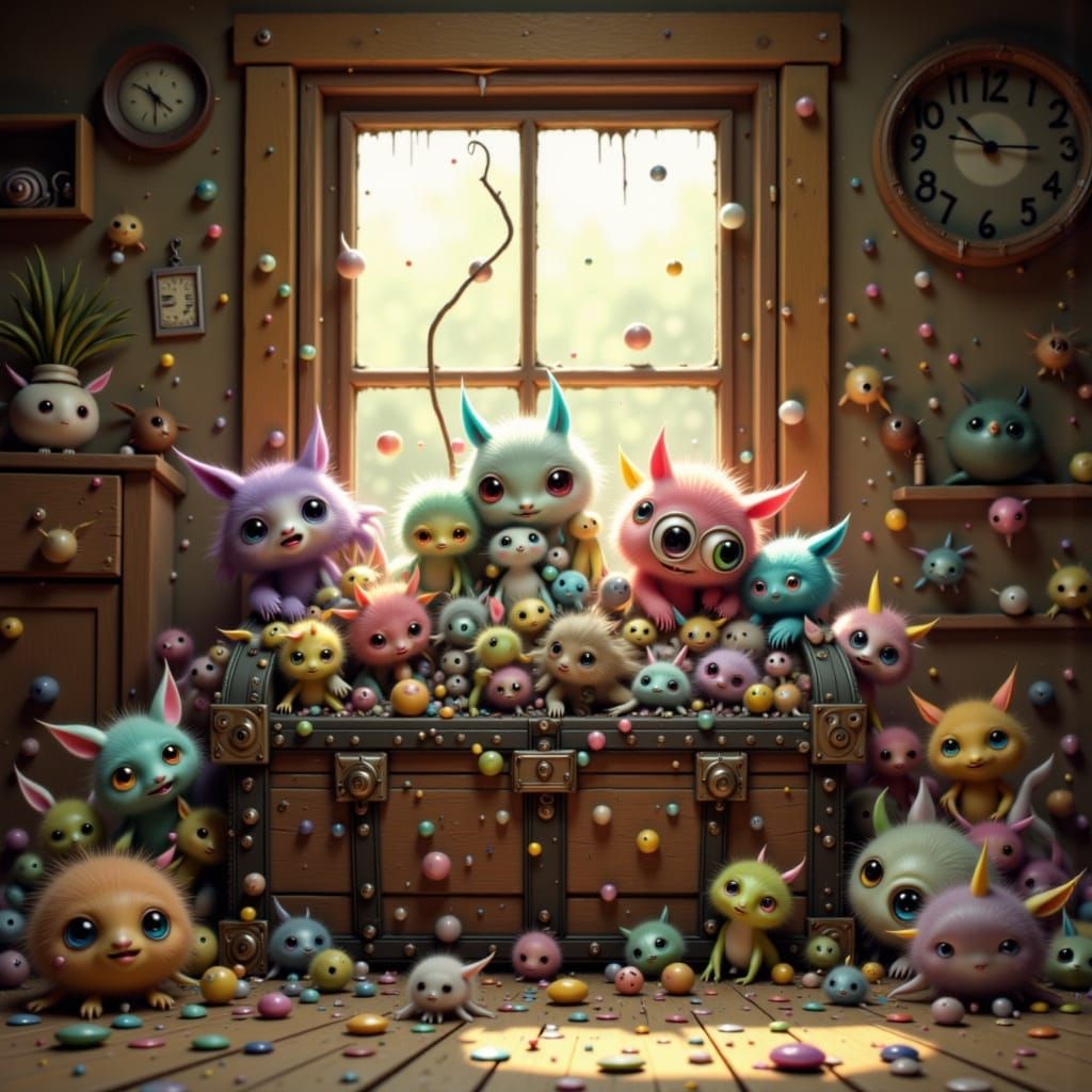 Whimsical Creatures Overcrowd a Toy Chest in Attic