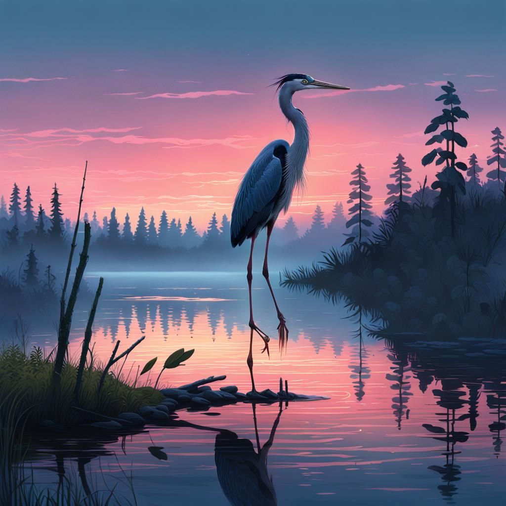 Heron at Dusk: Matte Painting in Fantasy Style