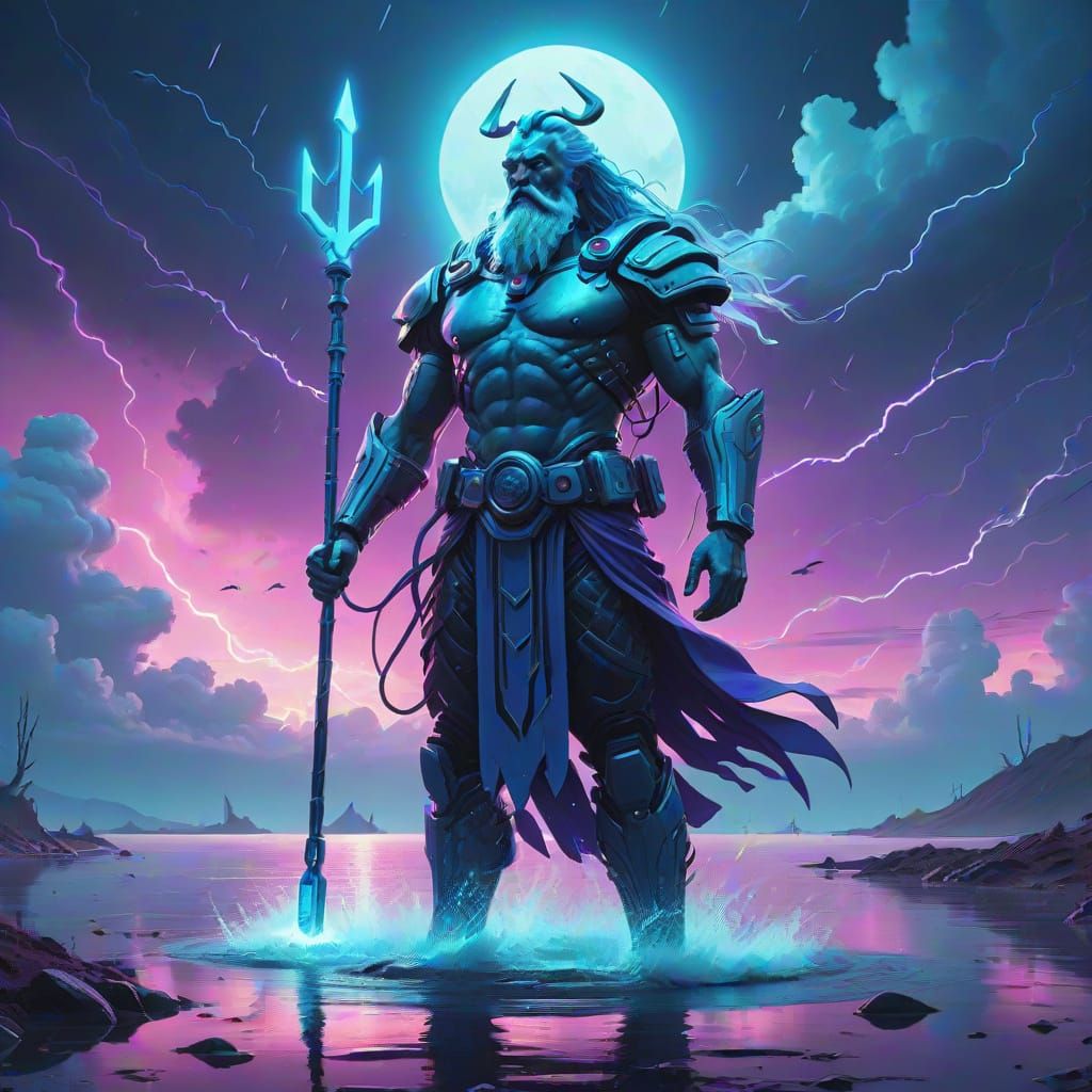God Neptune in Neon Retro Futuristic Scene