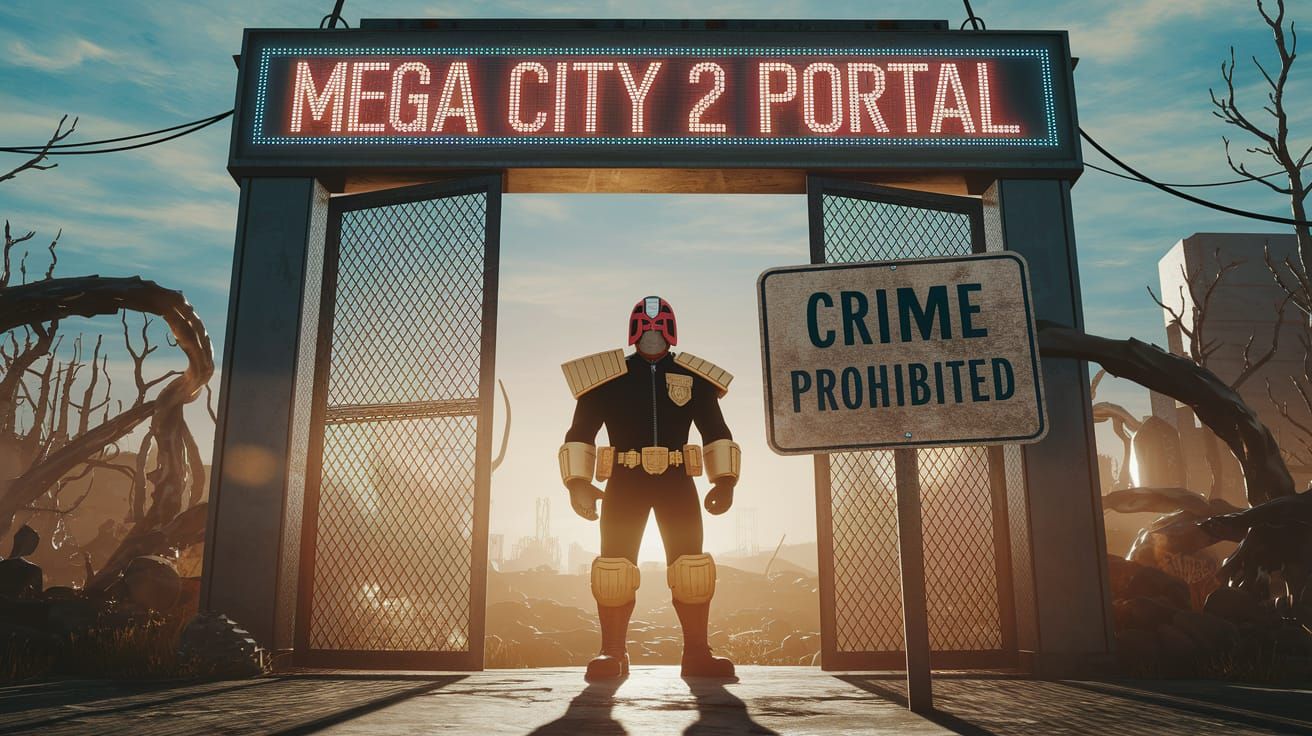 Judge Dredd Guards Mega City Portal in Dystopian Future