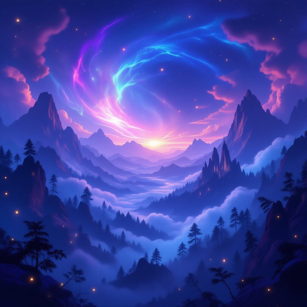 Epic Fantasy Landscape with Cosmic Lights