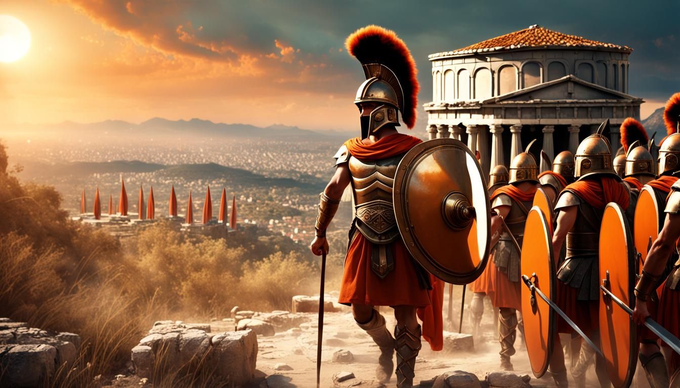 Hoplite Leads Troops to Ancient Greek City