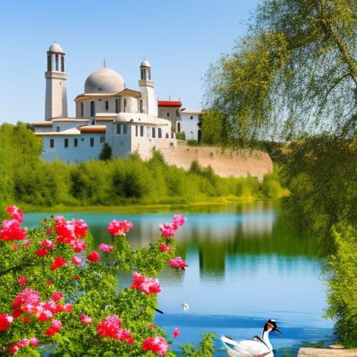 Serene Monastery by Lake in Baroque Renaissance Style