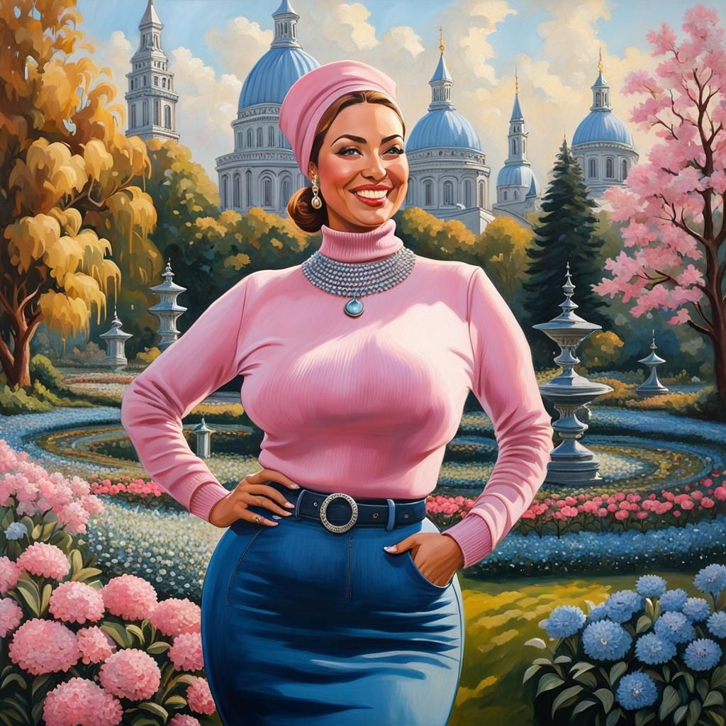 Elegant Woman in Mystic Garden with City View