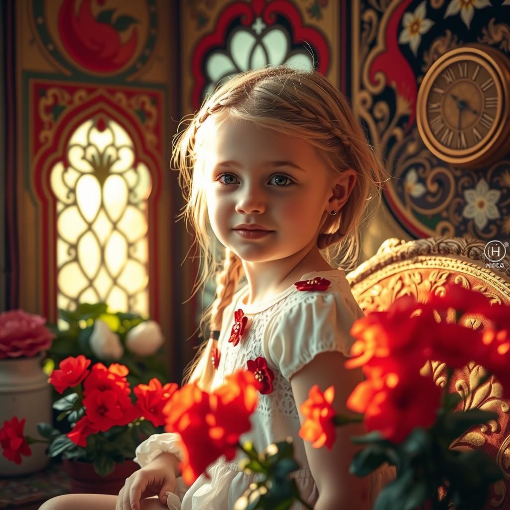 Girl in Klimt-Inspired Room with Geraniums