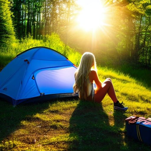 Blonde Backpacker with Tent in Spring Mountain Field at Gold...