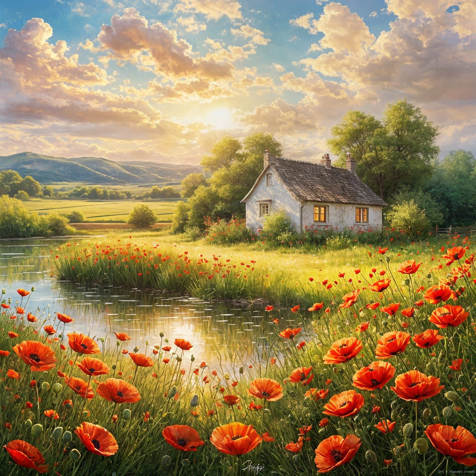 Surreal Poppy Field Under Heavenly Sunshine