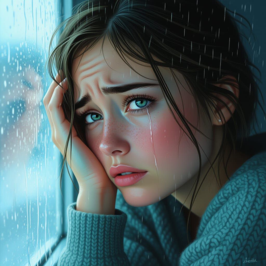 Emotional Portrait of Girl in Rain-Streaked Window