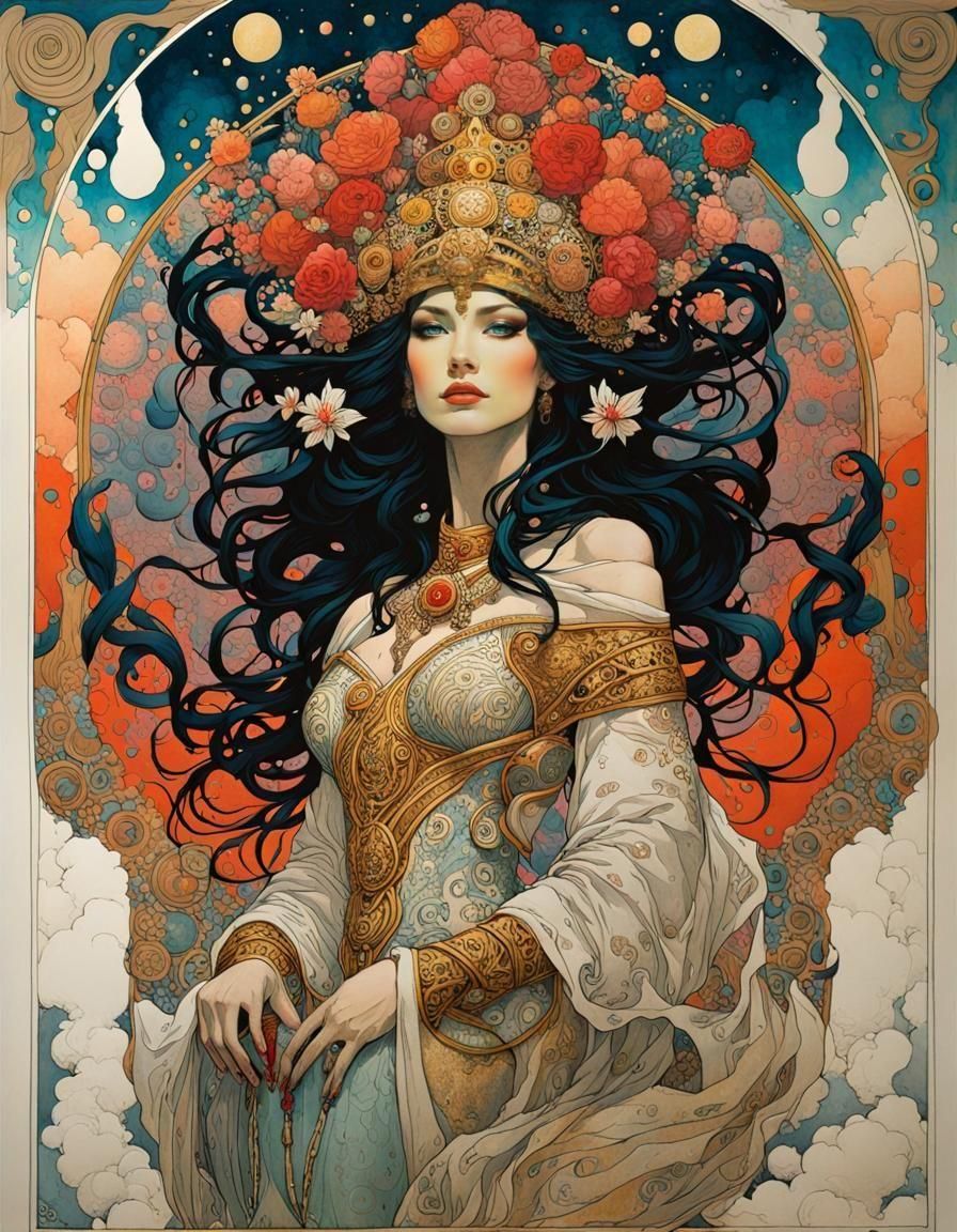 Psychedelic Tarot Goddess in Fluid Splatter Impasto Style