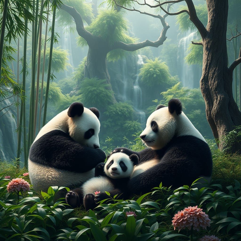 Panda Family in Sichuan Nature Reserve
