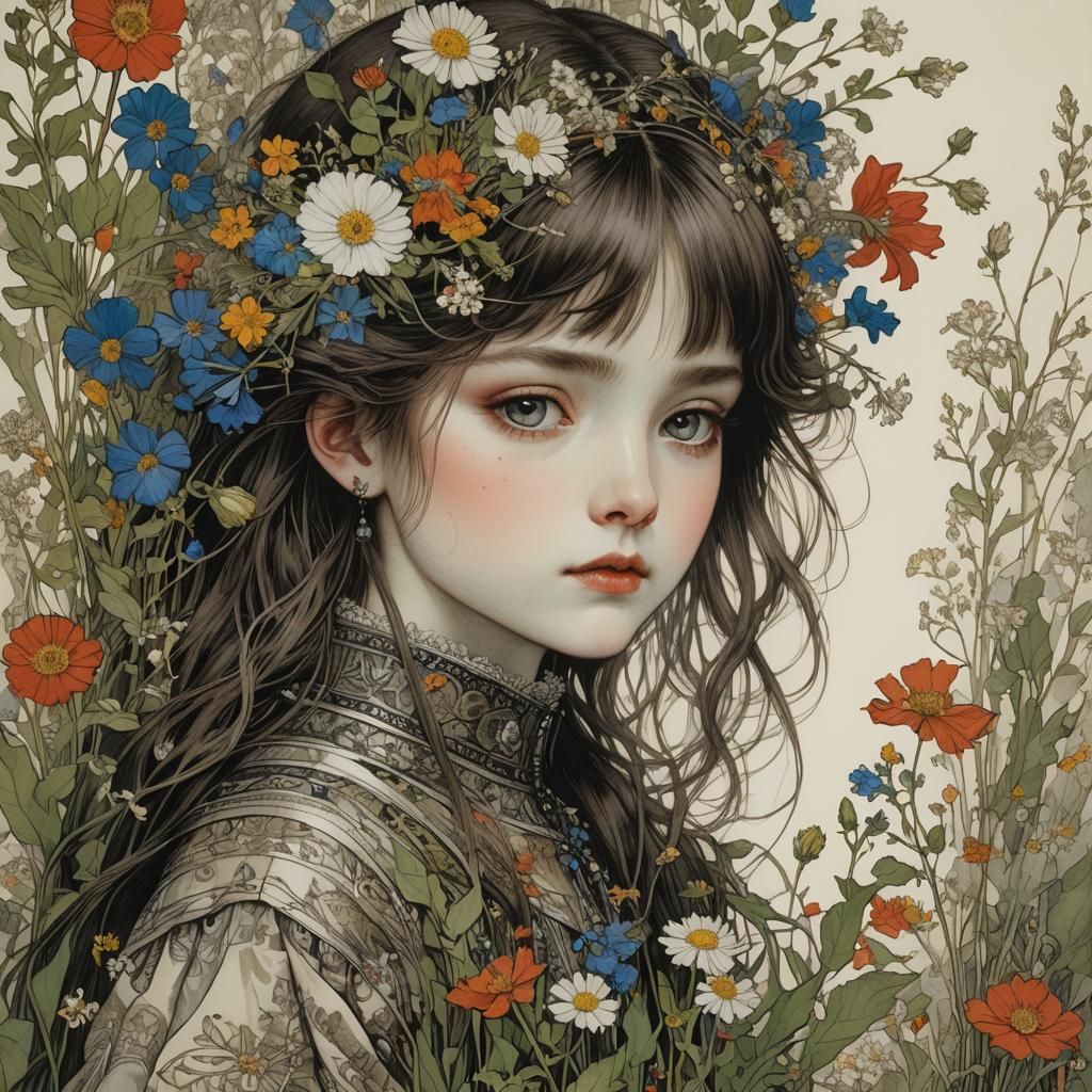 Whimsical Portrait of a Young Girl with Wildflowers in Art N...