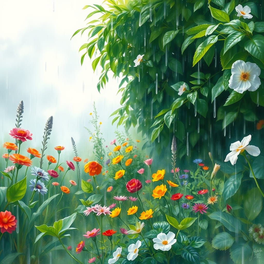 Impressionist Garden Scene with Rainy Blooms