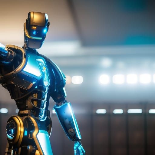 Futuristic Robot Holding Sign in Cyberpunk Style