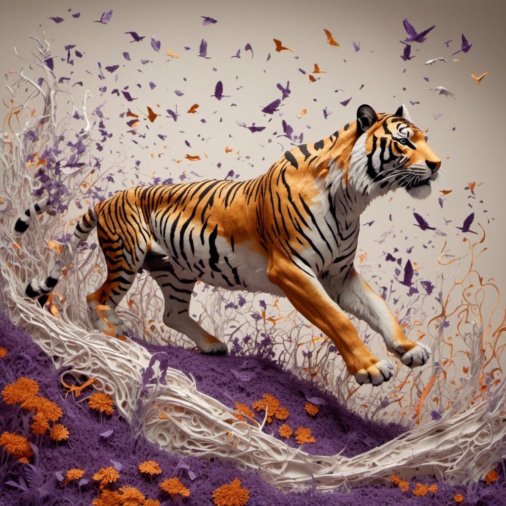 Photorealistic African Savannah Tiger Chase in 3D Paper Art