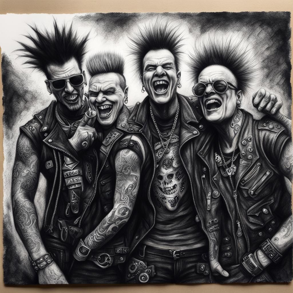 Hyperdetailed Charcoal Drawing of Punk Band